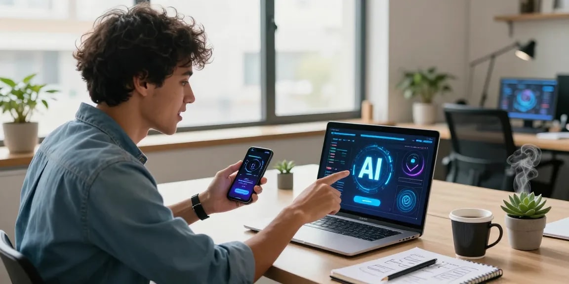 Engaging scene showcasing an AI enthusiast interacting with spicy AI technology in a bright, modern workspace filled with tech gadgets.
