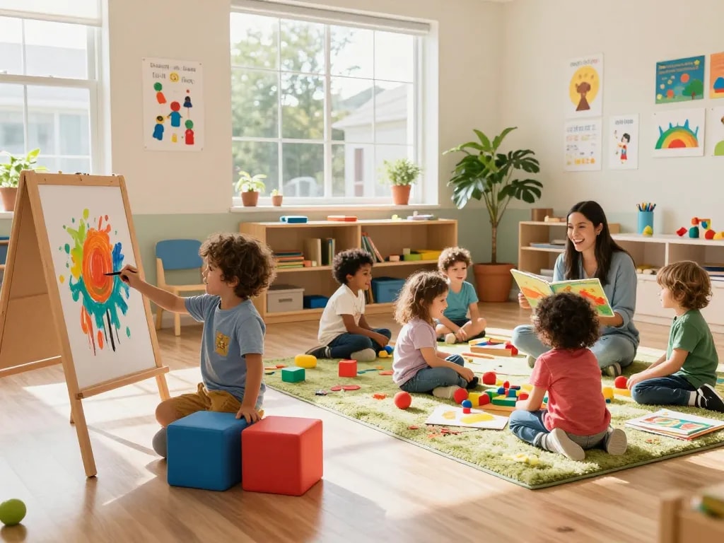 Children at play in a vibrant childcare center showcasing panen178 activities, fostering creativity and learning.