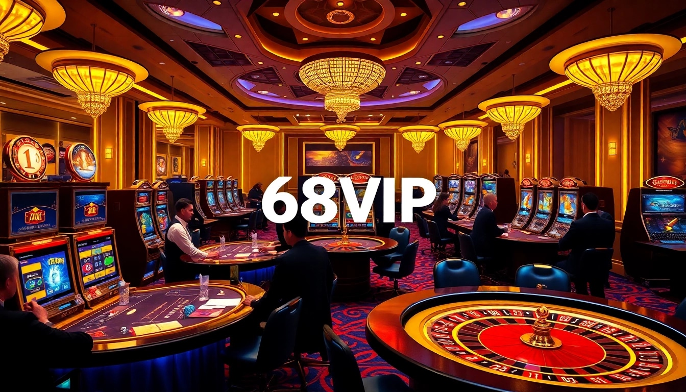 Players engaging in thrilling games at 68VIP casino with vibrant slots and poker tables.