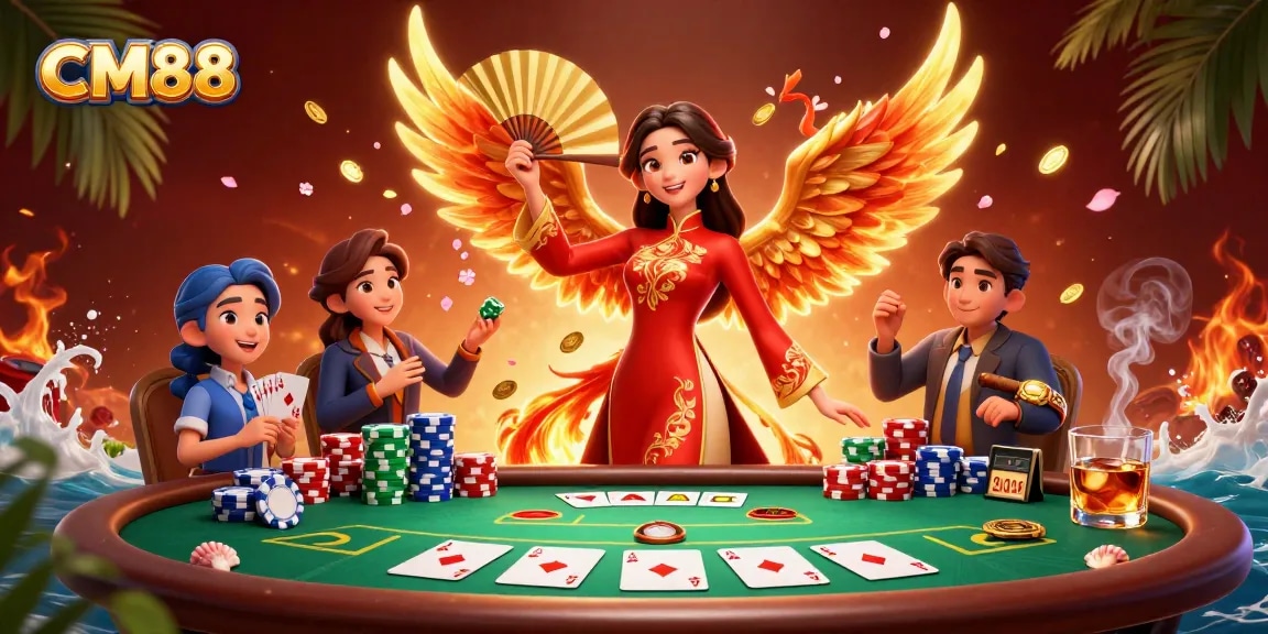 Experience thrilling poker action at CM88 with a stunning Vietnamese character and vibrant casino elements.
