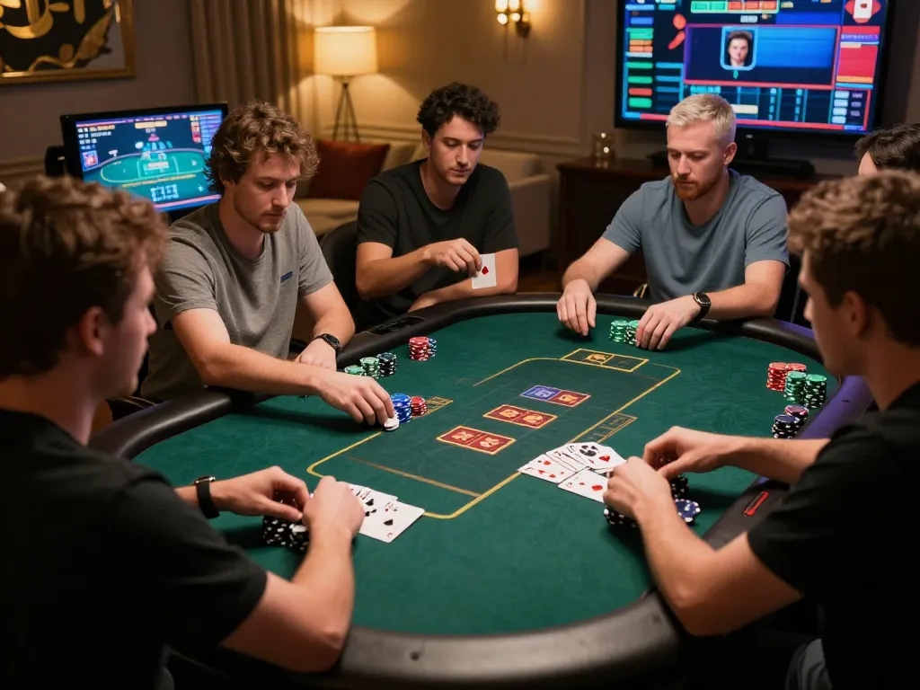 Players at NK88 enjoying an online poker game, showcasing spirited gameplay and engaging graphics