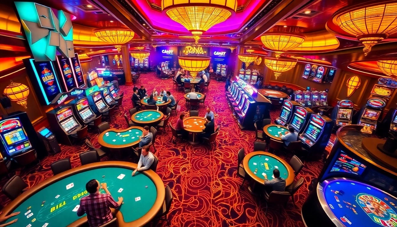 Experience the excitement of fun79 with players engaging at lively casino tables and vibrant slot machines.