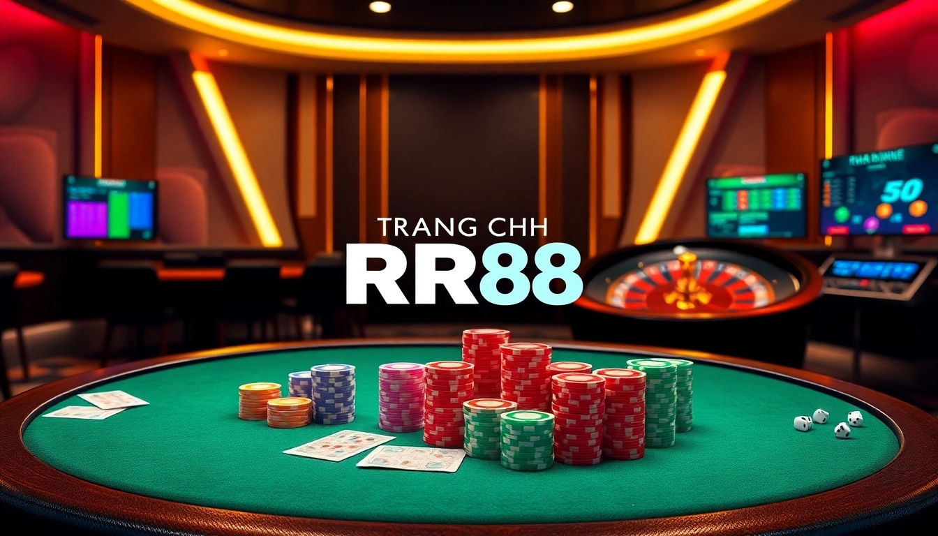 Betting excitement at Trang Chủ RR88 with a vibrant online casino scene featuring poker chips and cards.