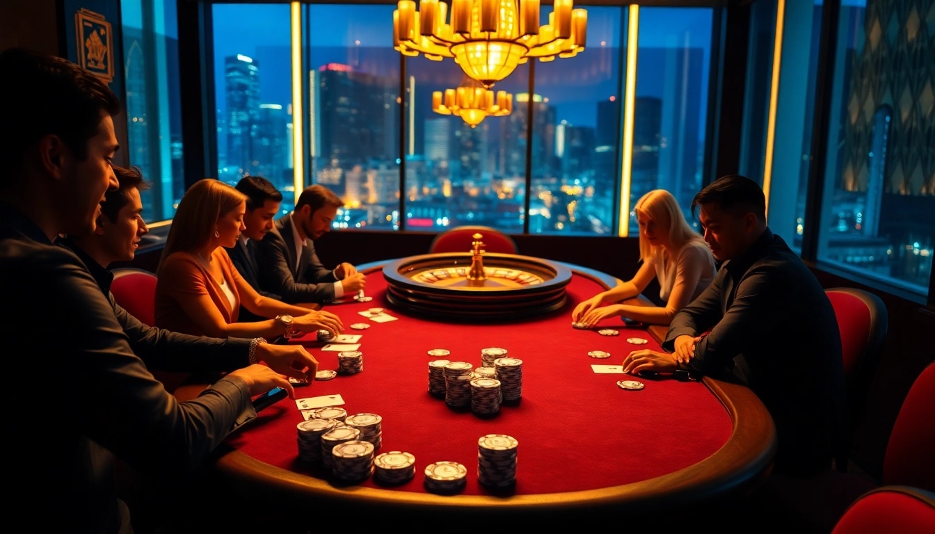 Players enjoying a high-stakes game of poker at a luxurious casino, showcasing jbo-themed decor.