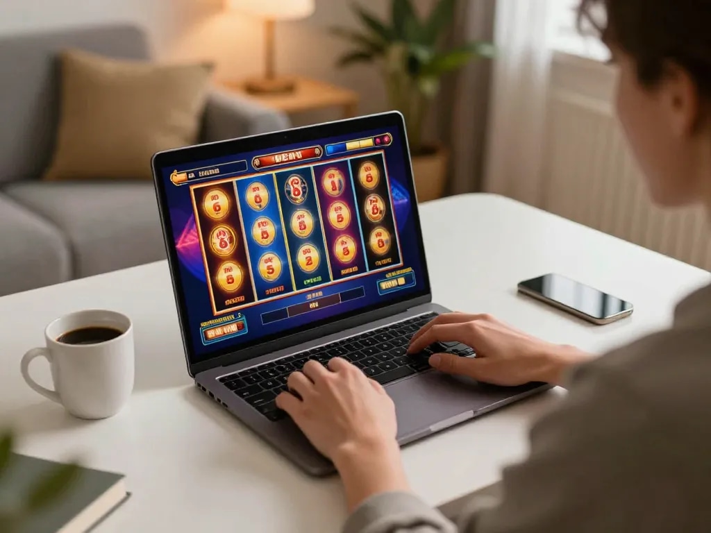 Engaging online slot online gaming session showcasing vibrant reels spinning on a laptop.