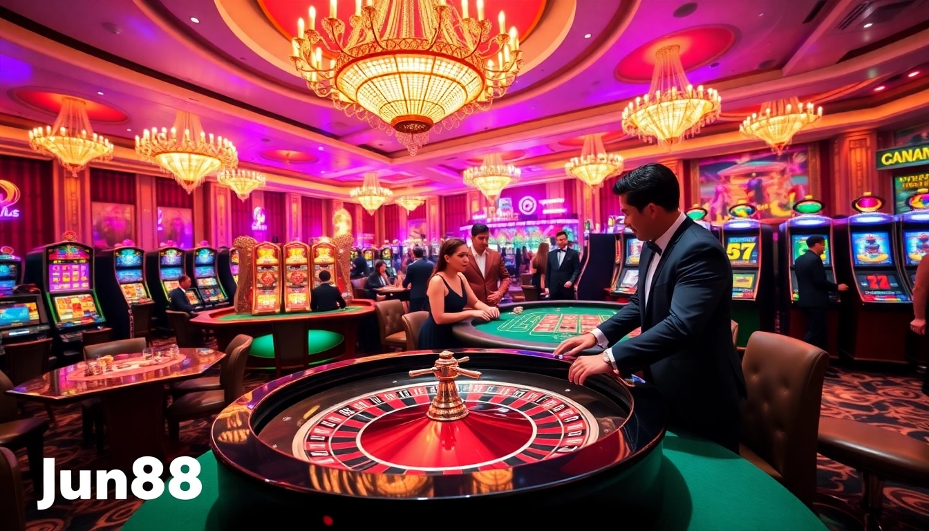 Experience the excitement of jun88 com at a lively casino table with vibrant poker chips and cards.