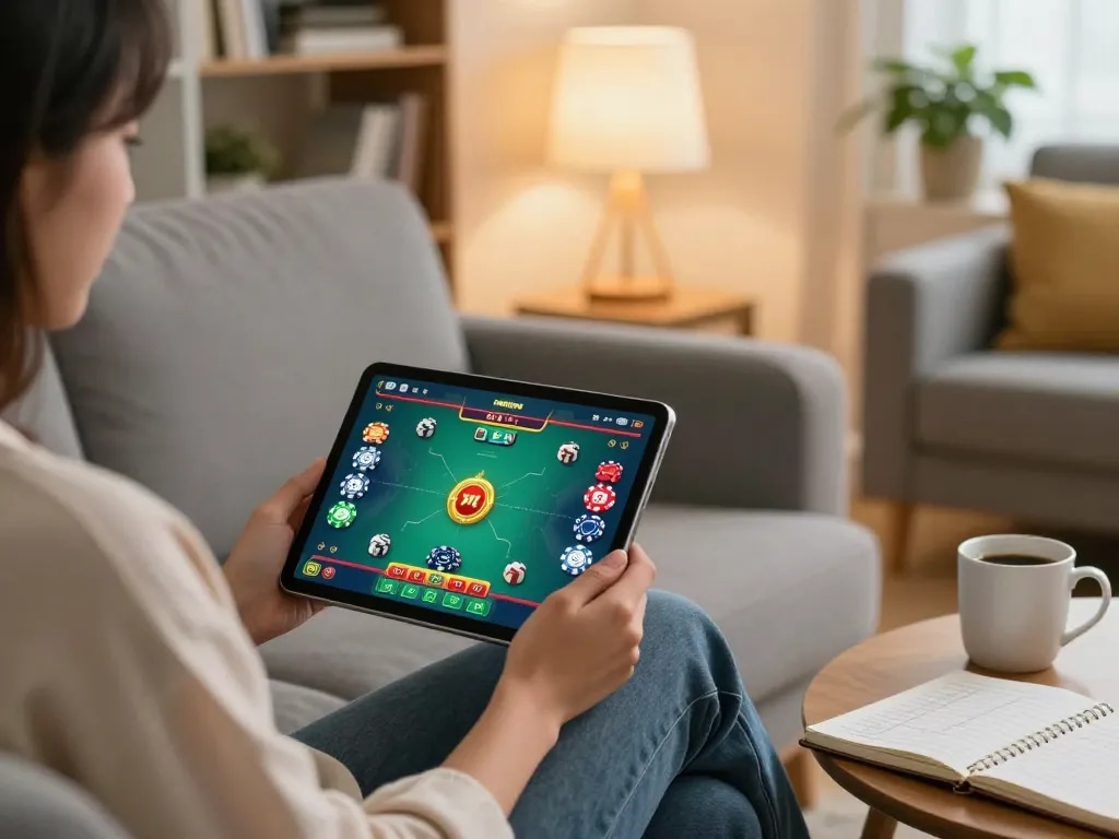Play tài xỉu online while strategizing in a cozy home setup with tablet and notes.