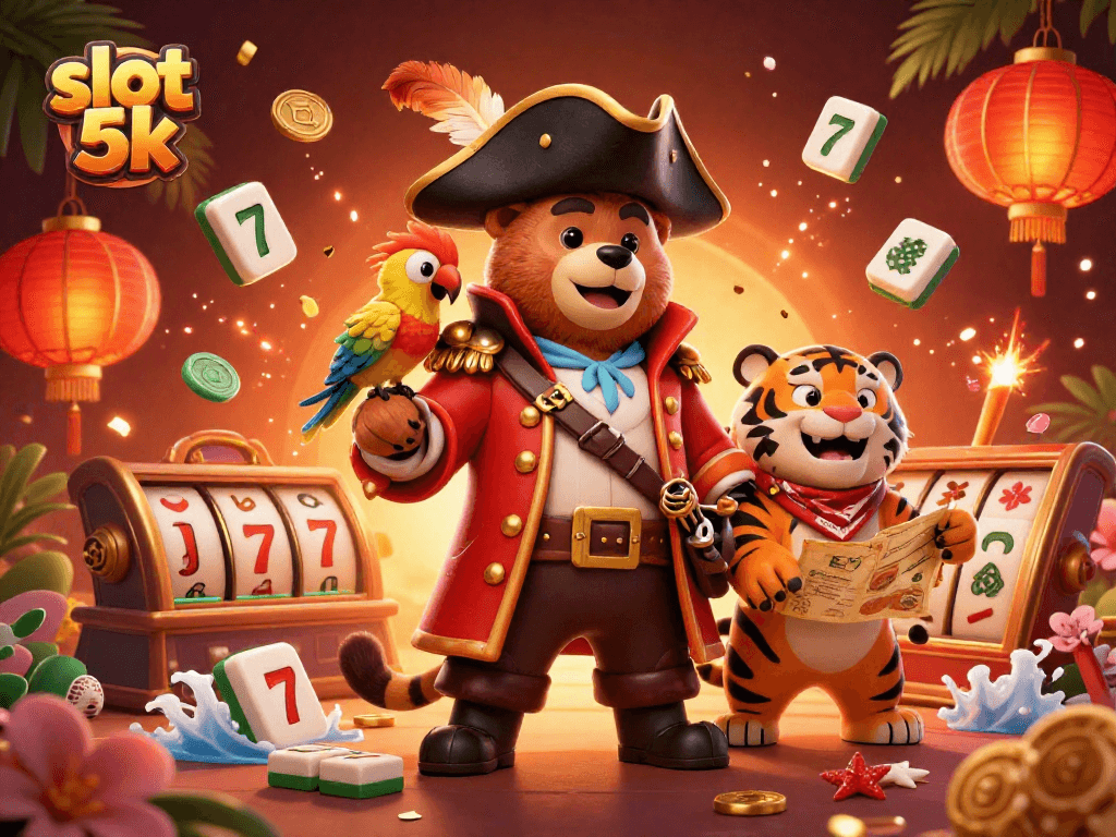 Spin the slot 5k reels with a pirate captain bear, fierce tiger, and golden parrot in a casino adventure