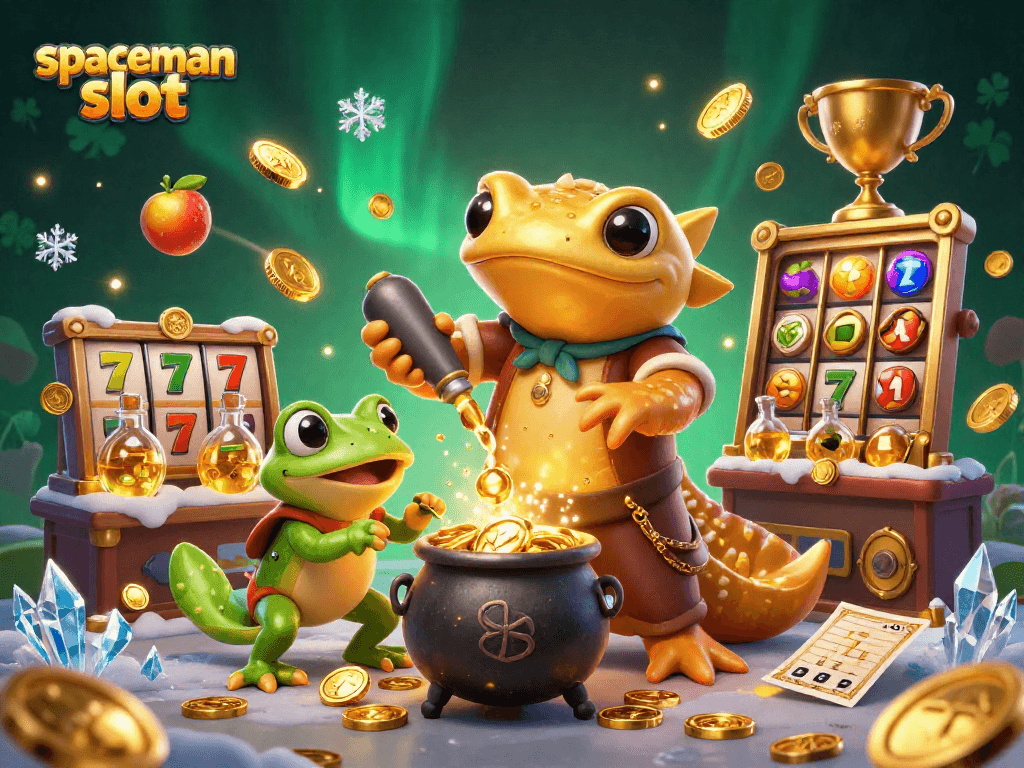 Experience thrilling spins with the spaceman slot, surrounded by vibrant casino elements and animated characters.