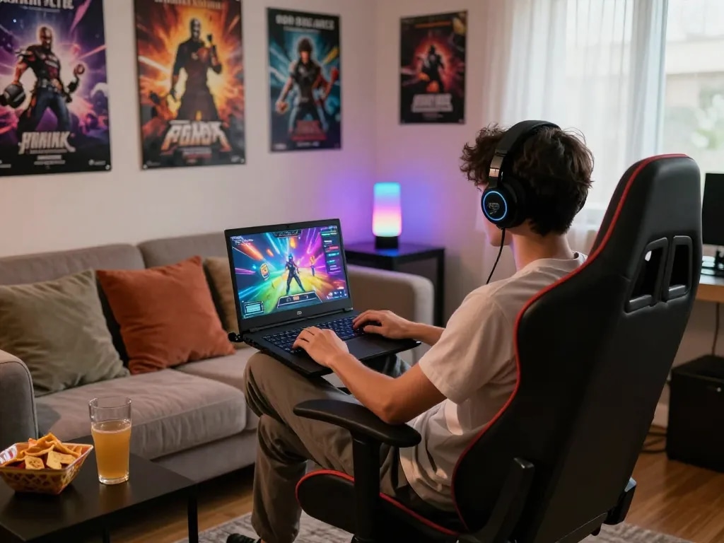 Engaged player enjoying porngames on a laptop in a cozy gaming setup.