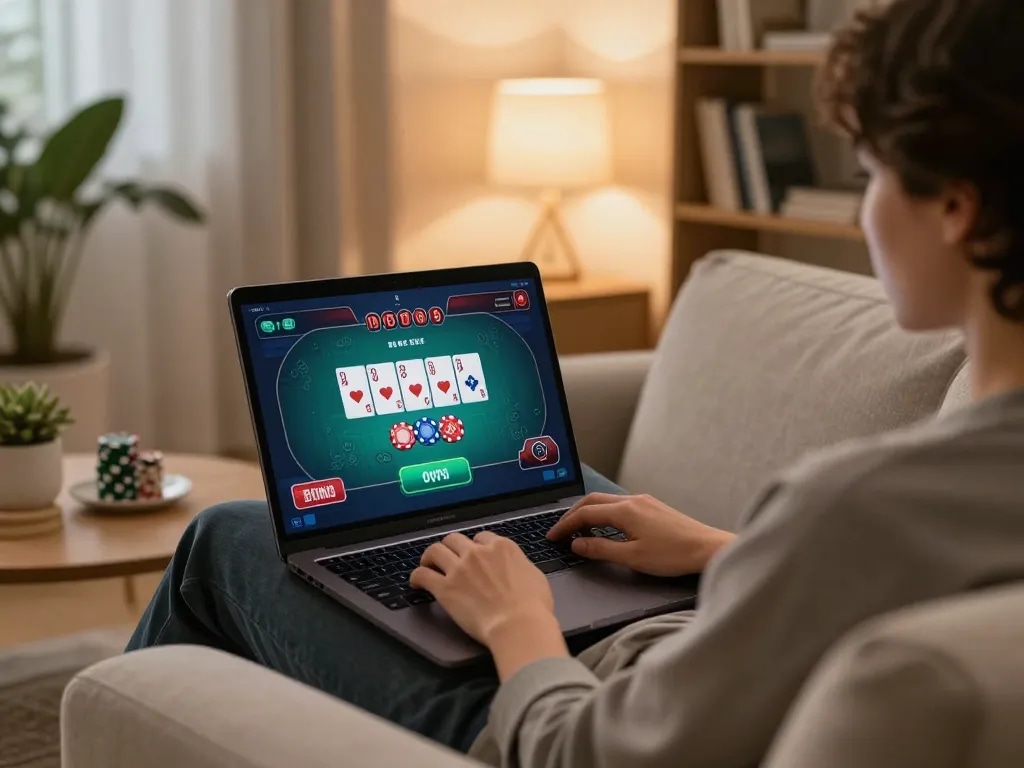 Playing casino games at home with cm88 com on the screen, showcasing a cozy gaming atmosphere