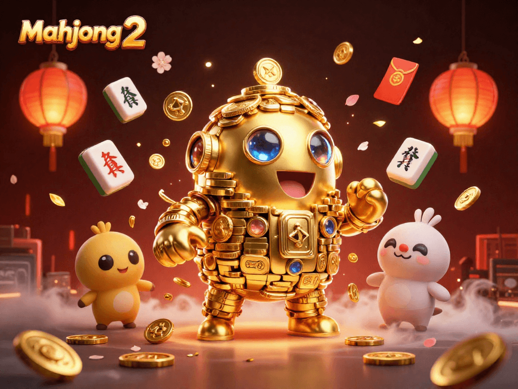 Engage with mahjong 2 in a vibrant casino scene featuring a golden golem and festive game elements.