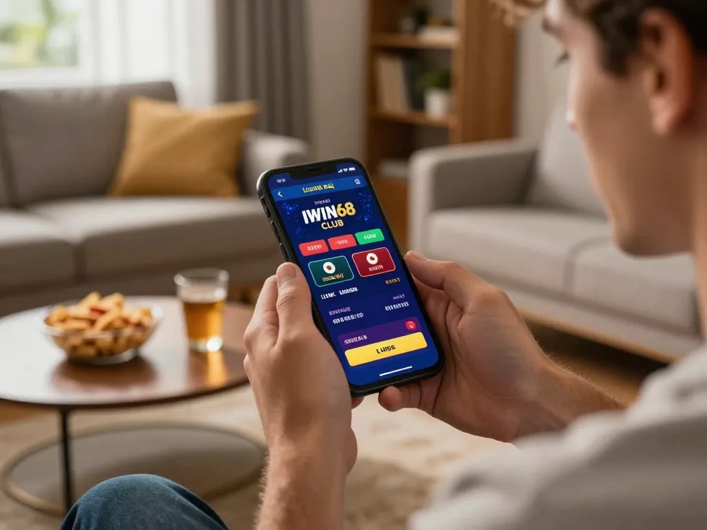 IWIN68 CLUB mobile app displayed on a smartphone during an exciting home gaming session