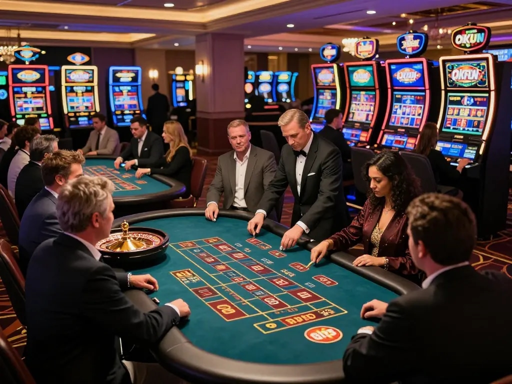 Excited players engaging in gameplay at OKFUN casino, showcasing the vibrant atmosphere.