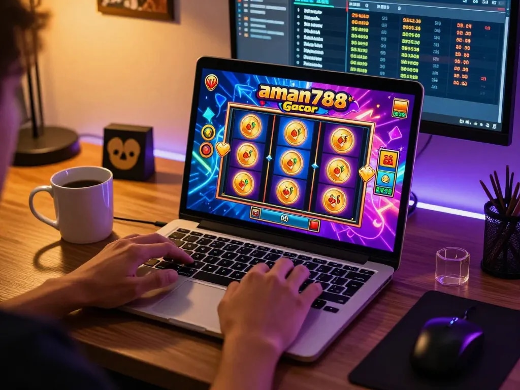 Seorang pemain memainkan aman788 slot gacor secara online, terlibat dalam permainan strategis dengan grafik yang berwarna-warni.
