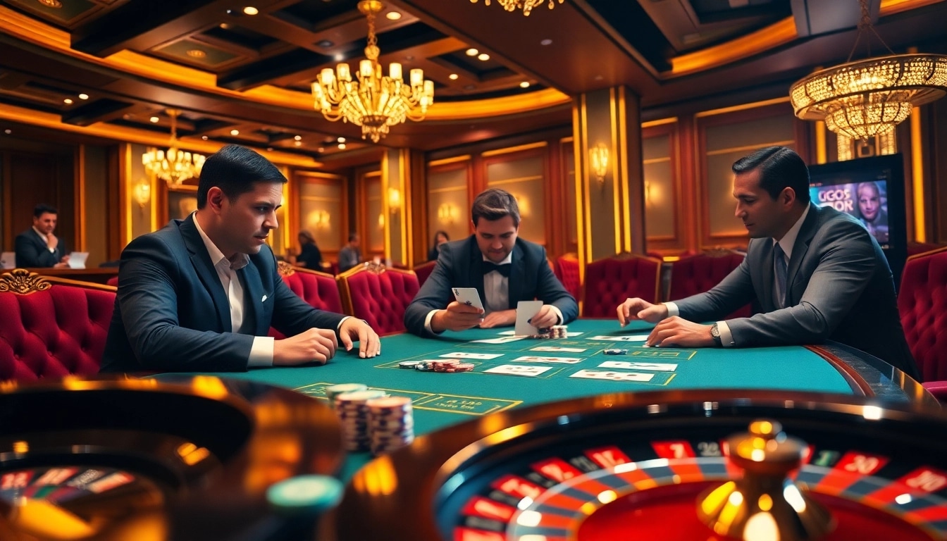 Go8 players engaged in a high-stakes poker game at an elegant casino.