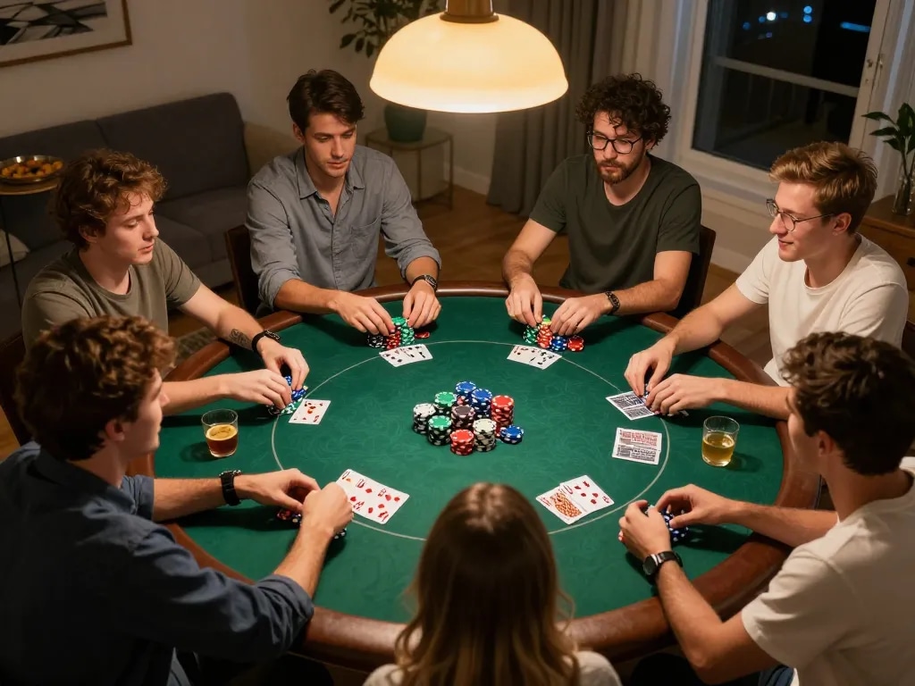 vin88 players enjoying a thrilling home poker game night with chips and cards visible