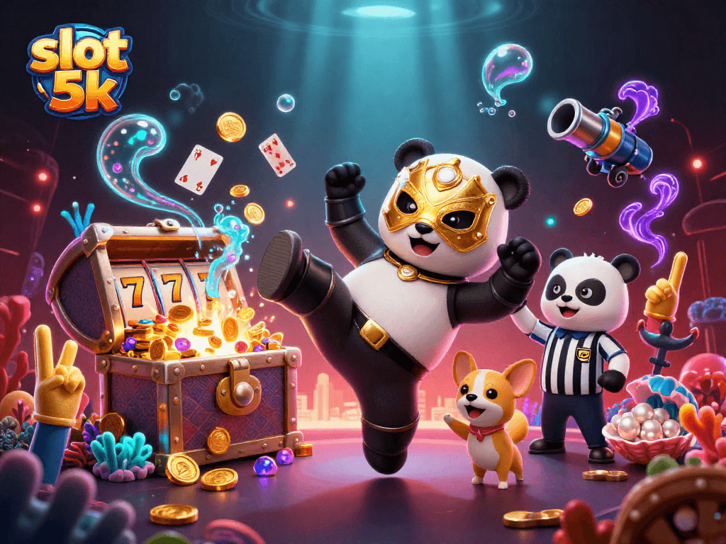 Engage with slot 5k as a panda wrestler kicks while audiences cheer in a vibrant casino scene.