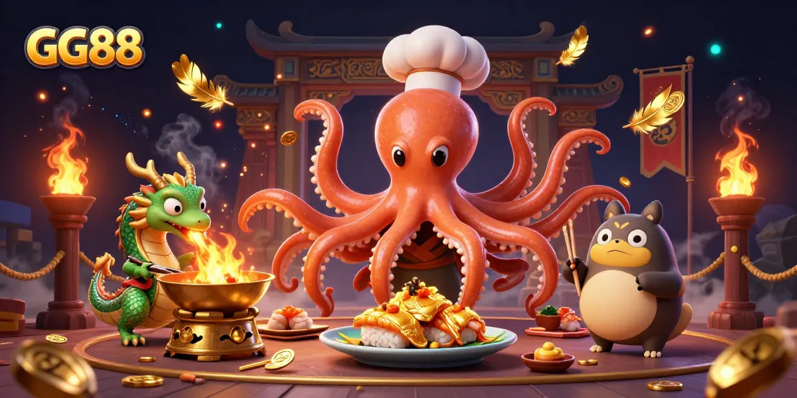 Experience GG88's dynamic casino life with a sushi chef octopus, dragon, and tanuki in a vibrant gaming scene.