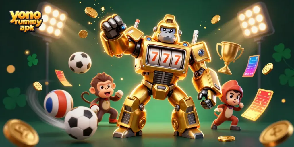 Yono rummy apk dengan karakter mech gorila emas berjudi di kejadian intens penuh visual menarik dan bola olahraga.