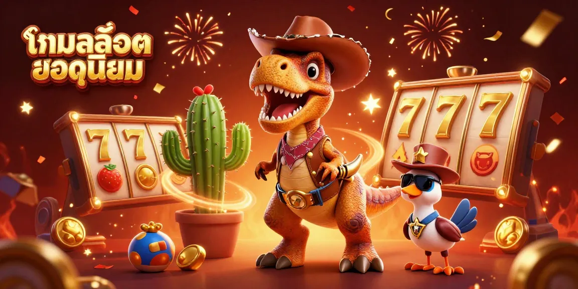 Experience the excitement of เกมสล็อตยอดนิยม with our vibrant 3D casino illustration filled with slot reels and dynamic characters.