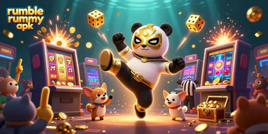 Experience thrilling gameplay with the Rumble Rummy APK, interactive characters busting with colorful casino elements.