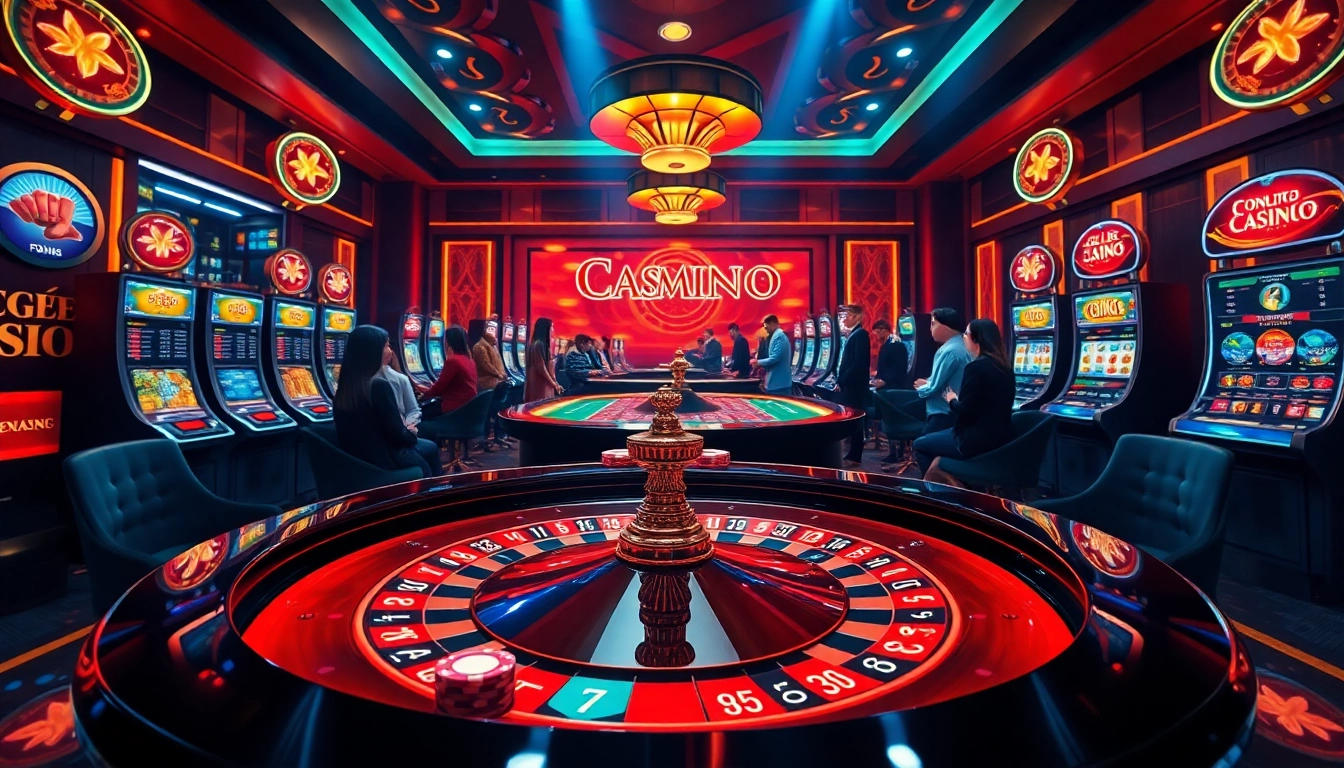 Experience the thrill of chơi casino online with a vibrant casino scene showcasing a roulette table and engaging players.