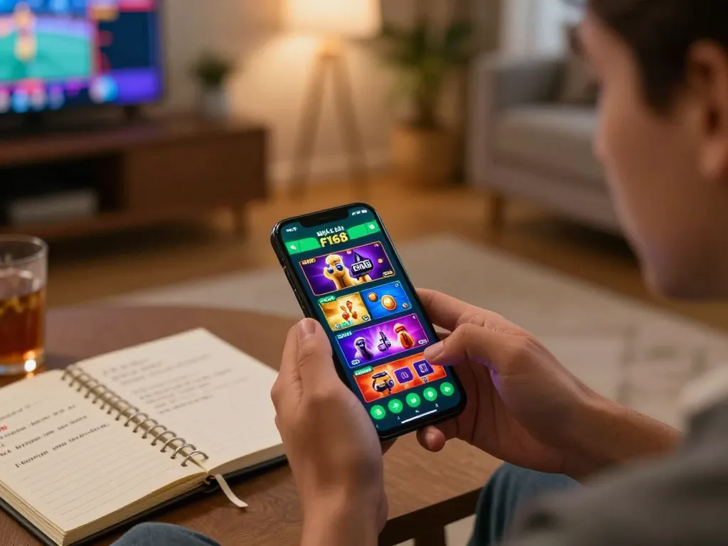 Engaging with the NHÀ CÁI F168 app for online betting, showcasing colorful gaming interface and responsible gaming atmosphere