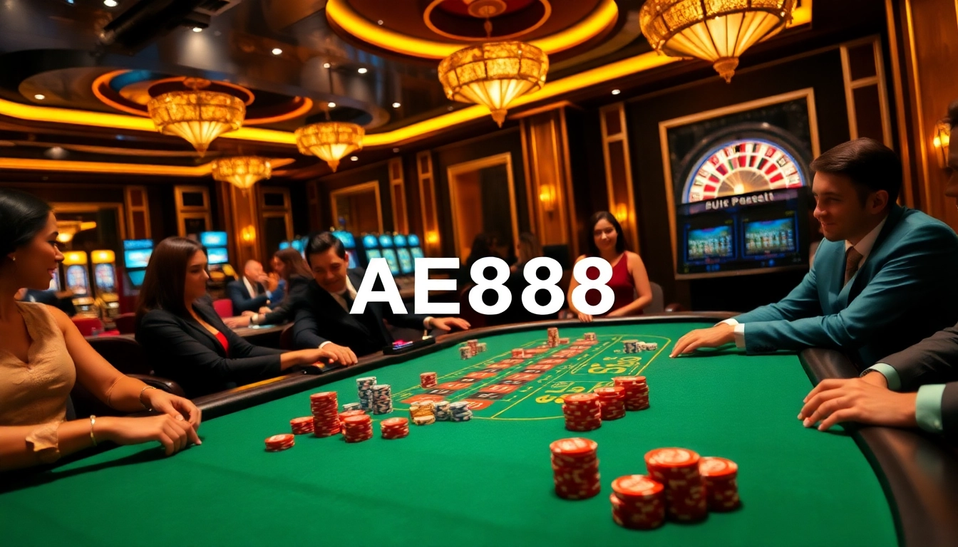AE888 poker players engaging in an exciting game with vibrant casino elements.