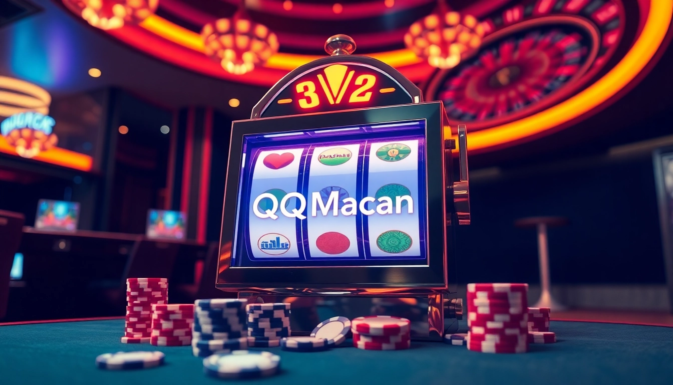 Experience the thrill of playing QQMacan on a premium slot machine amidst a vibrant casino atmosphere.