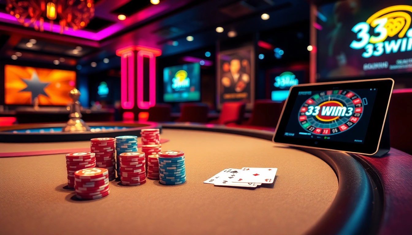 Experience the thrill of casino gaming with 33WIN's vibrant poker table and roulette wheel.