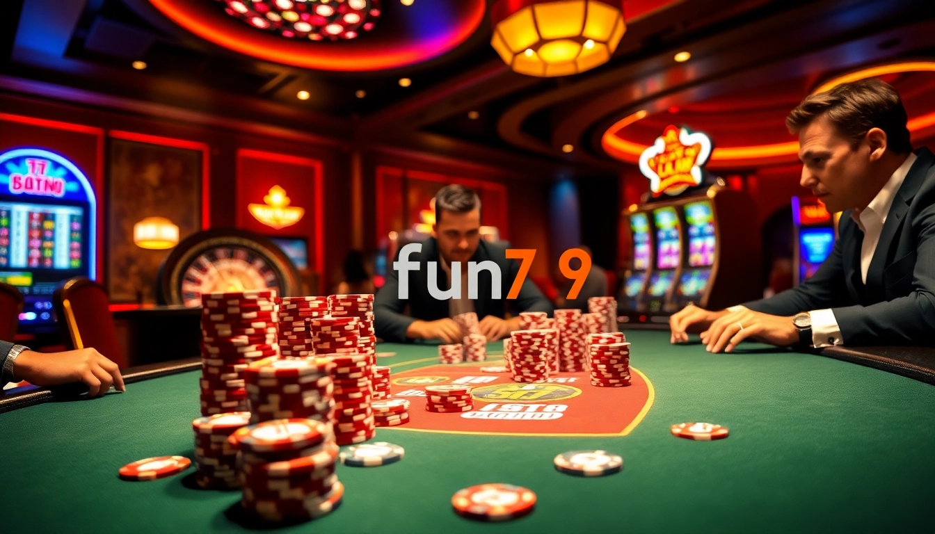 Engaging players at a fun79 casino table with poker chips and roulette, showcasing vibrant excitement.
