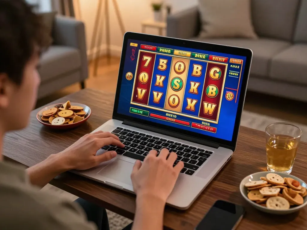Player engaging in slot depo 5k online game from home, with vibrant reels and cozy atmosphere.