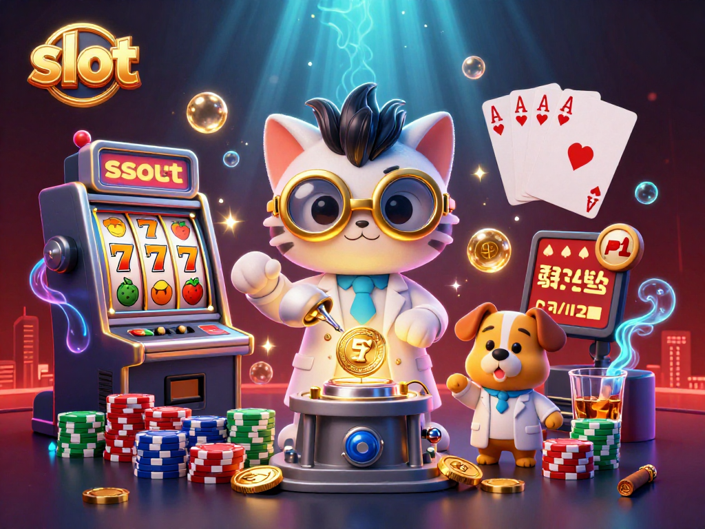 Spin the slot for massive wins with a cartoon scientist cat and golden coins flying!