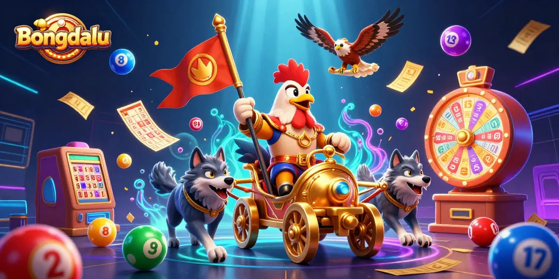 Bongdalu showcases a dynamic scene with a rooster warlord, vibrant lottery balls, and dazzling casino elements.