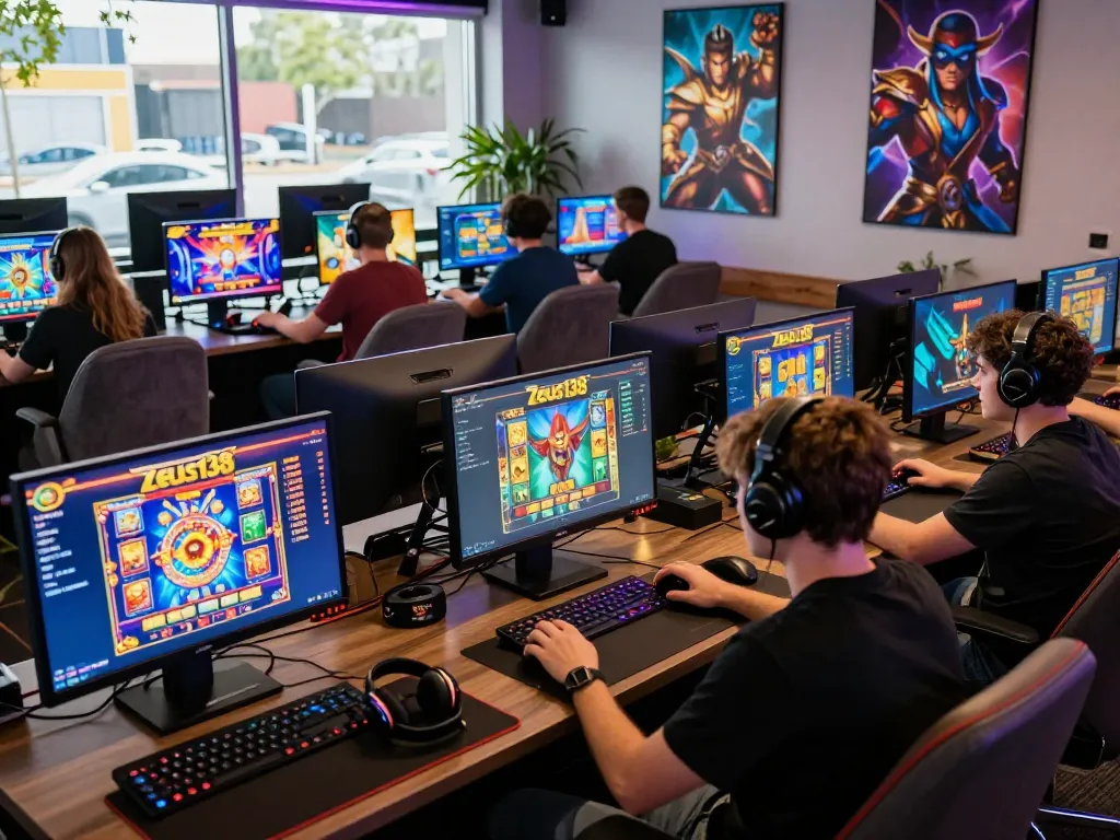 Engaged gamers enjoying Zeus138 online slot games in a vibrant gaming hub with colorful screens.