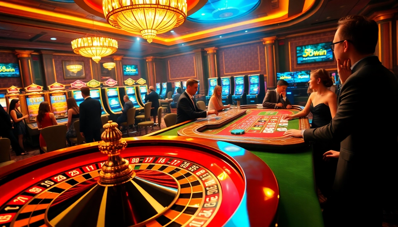 Experience the excitement of gambling at 58win, featuring roulette and vibrant casino tables.