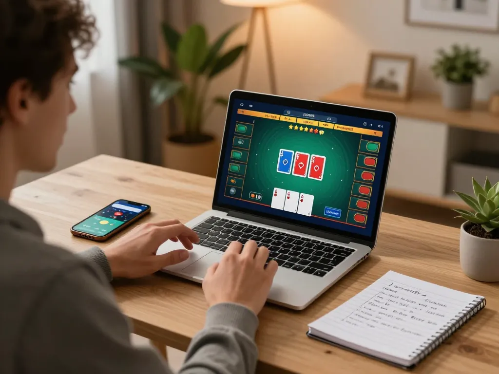 Engaged player betting on m109 poker game using laptop at stylish home desk with strategy notes.