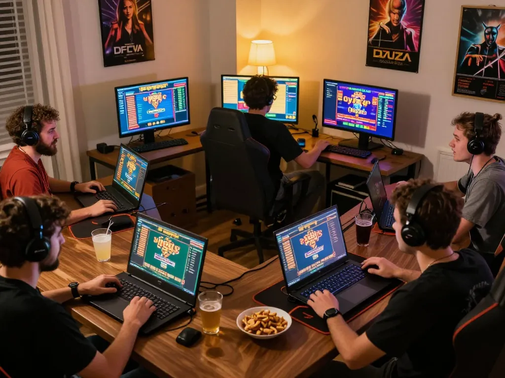 Players engaging in a lively virtual slot88 game session, showcasing vibrant home setups and interactive gameplay.