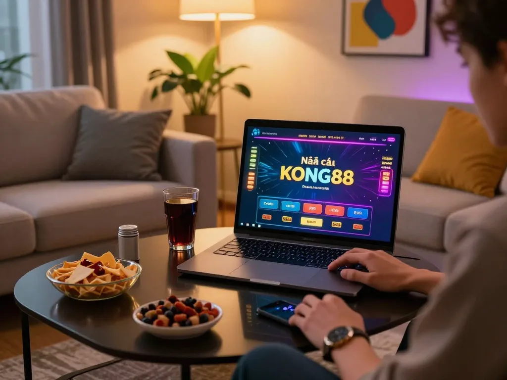 Player enjoying an exciting session at Nhà cái KONG88 online casino on a sleek laptop.