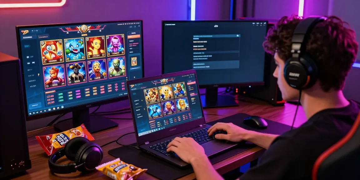 Pengguna bermain di BUKUMIMPI138 daftar game slot gacor dengan laptop dan smartphone di meja gaming yang penuh semangat.