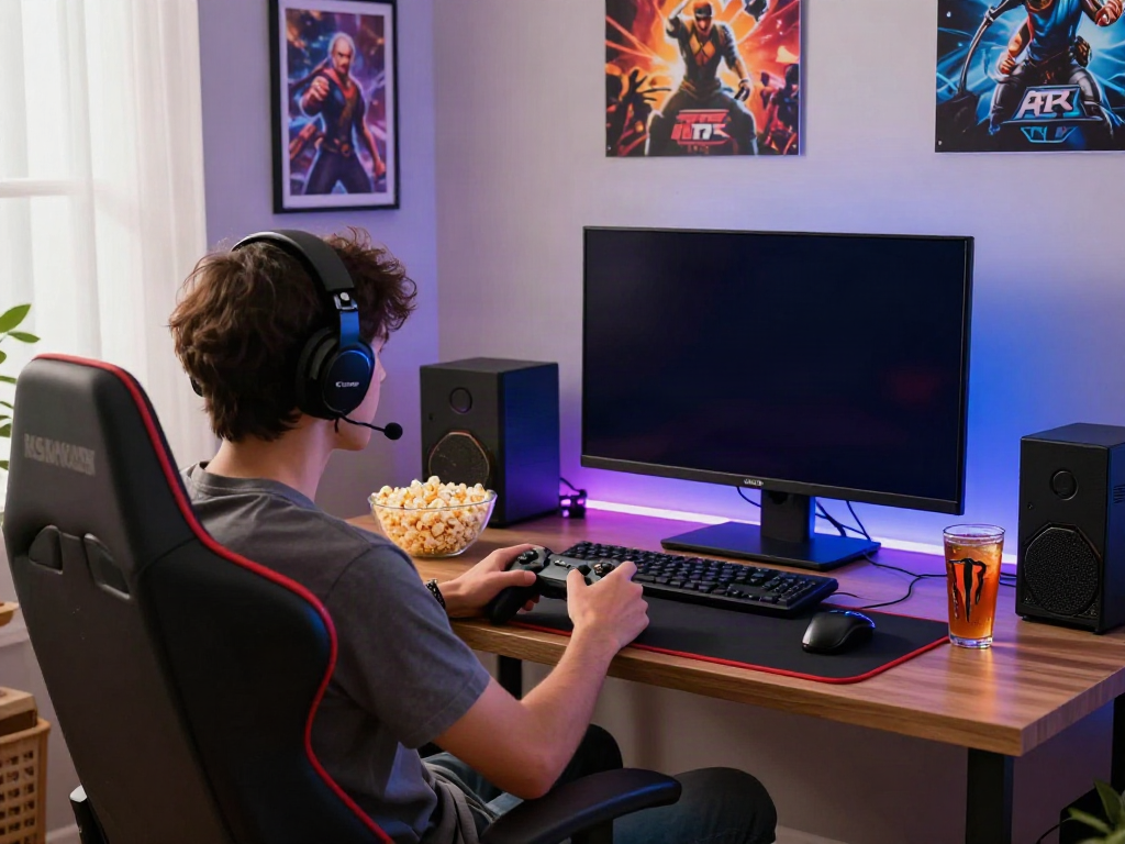Engaging gaming setup featuring akunjp online casino interface with vibrant colors and comforable seating.