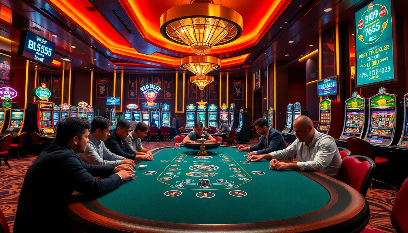 Excited players at nhà cái bl555 in a luxurious casino environment with poker tables and slot machines.