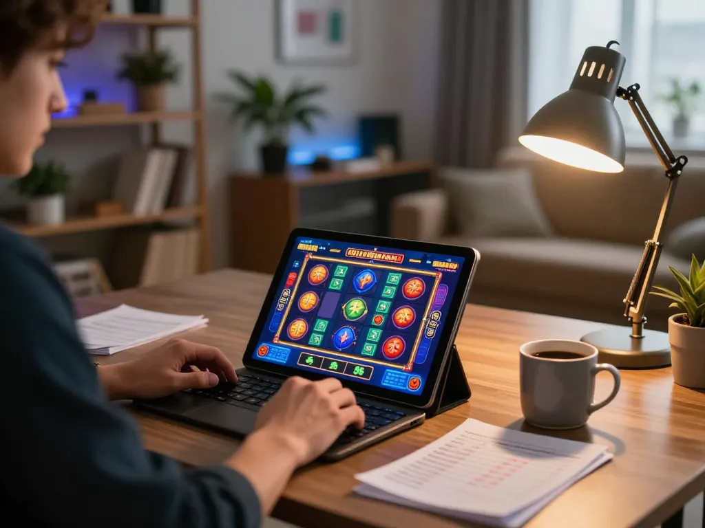 Engaging with AZTEC888 online slots on tablet in a cozy home setup for responsible gaming.