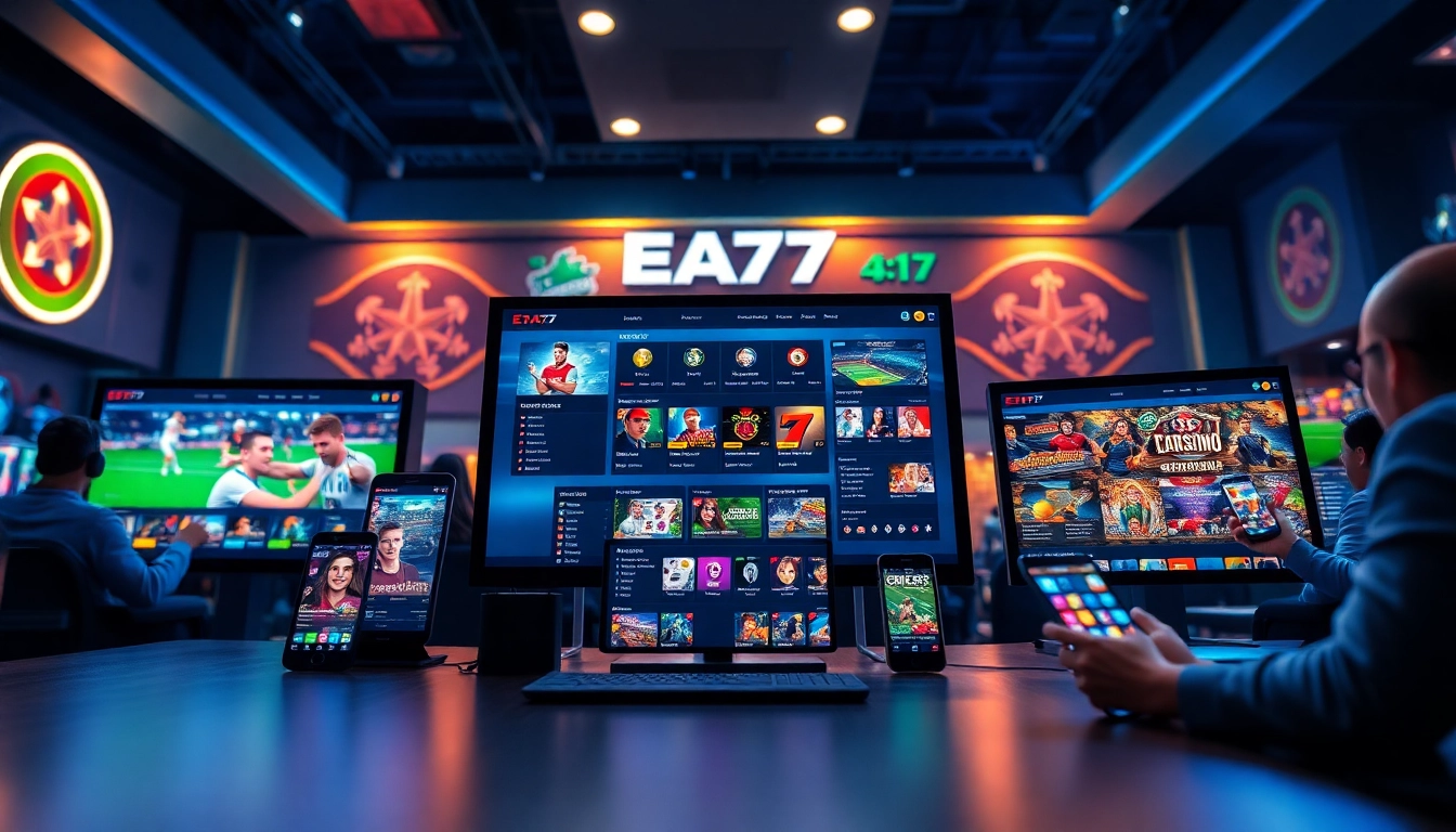 EA77 online gaming platform interface showcasing sports betting and live casino.
