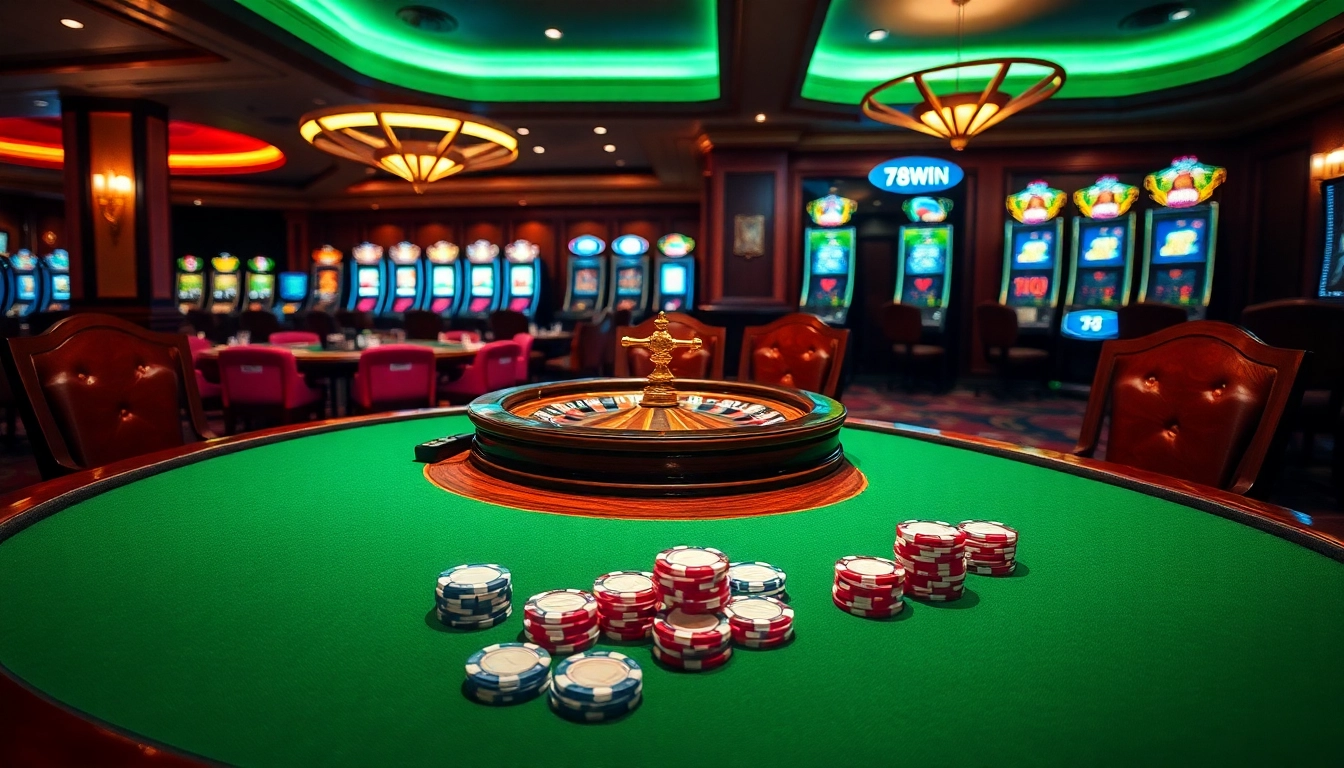 The vibrant gaming atmosphere of nhà cái 789win with elegant poker tables and exciting slot machines.
