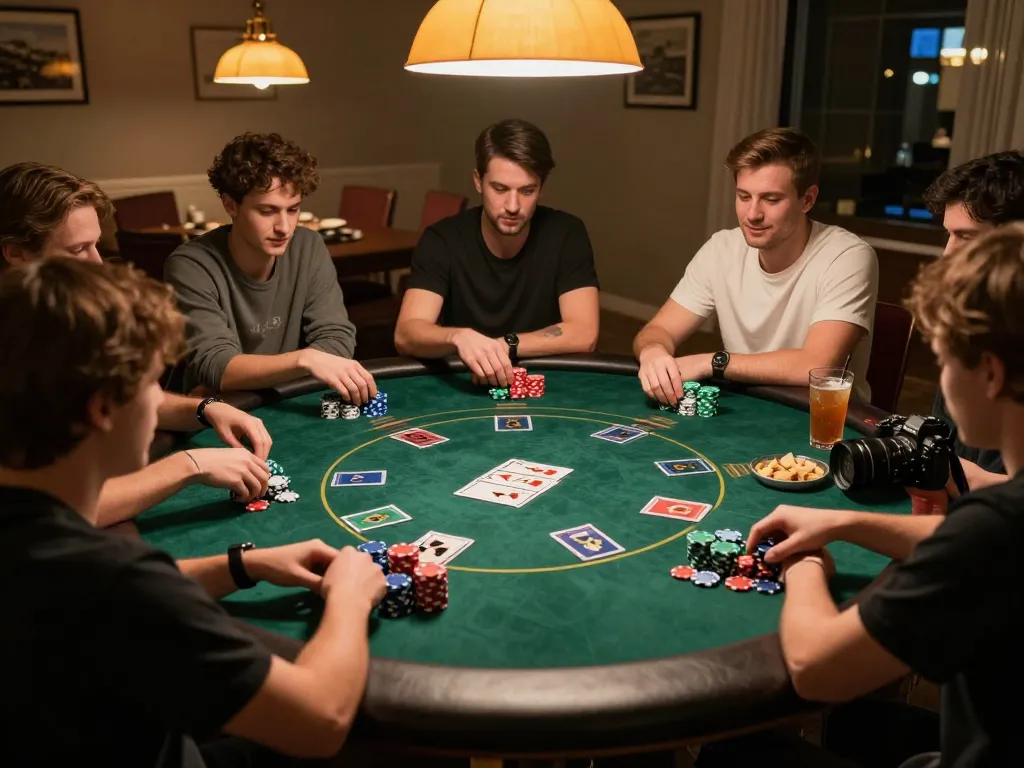 Friends enjoying a poker game at home, showcasing Canadian online casinos in an engaging social atmosphere.