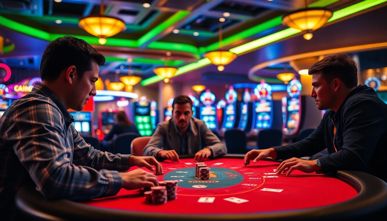 Watch players enjoy a thrilling casino online poker game featuring vibrant colors and engaging expressions.