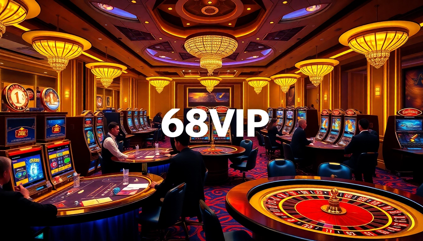 Players engaging in thrilling games at 68VIP casino with vibrant slots and poker tables.