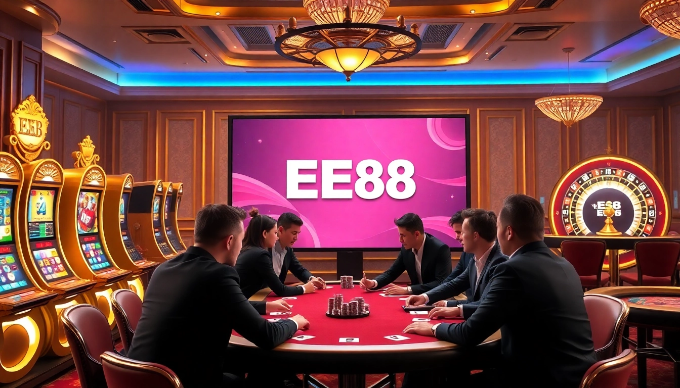 EE88 engaging players in a luxurious online casino experience with dynamic games and vibrant elements.